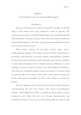 Fujii 1 Appendix “Collected Paul Auster: an Annotated Bibliography