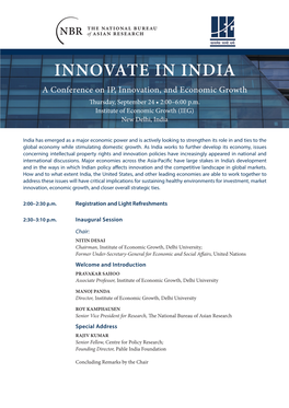INNOVATE in INDIA a Conference on IP, Innovation, and Economic Growth Thursday, September 24 • 2:00–6:00 P.M