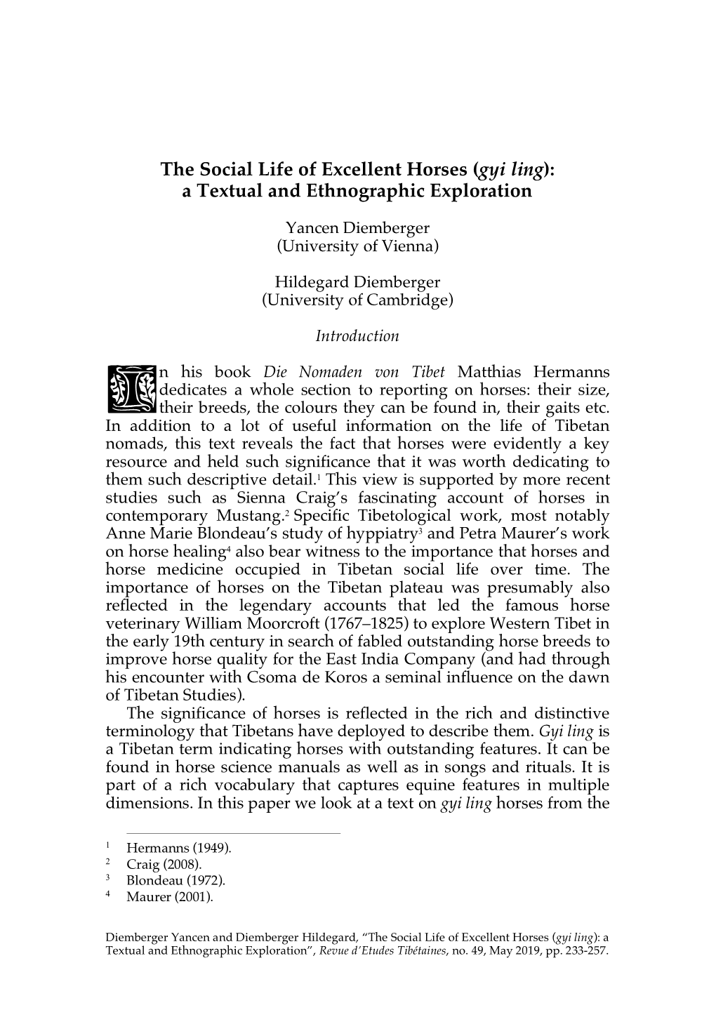 The Social Life of Excellent Horses (Gyi Ling): a Textual and Ethnographic Exploration