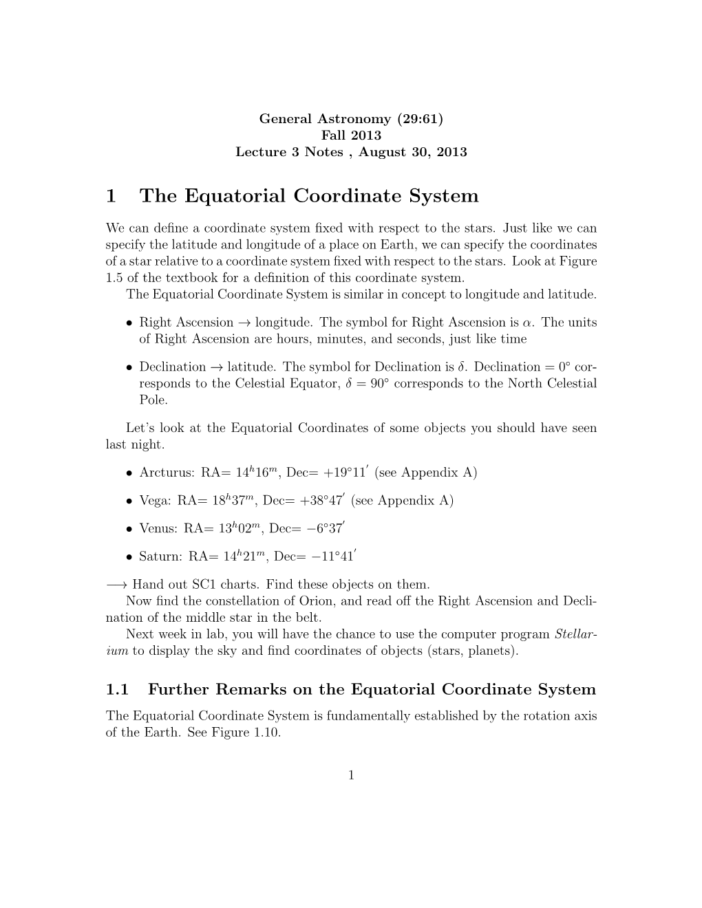 1 the Equatorial Coordinate System