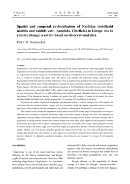 Spatial and Temporal Re-Distribution of Naididae