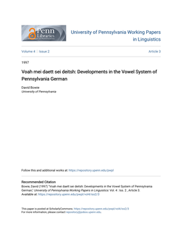 Developments in the Vowel System of Pennsylvania German
