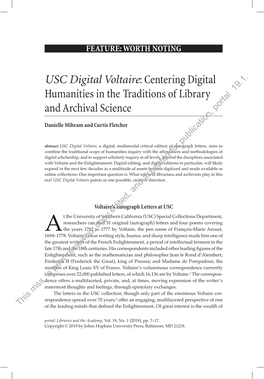 USC Digital Voltaire: Centering Digital Humanities in the Traditions of Library and Archival Science