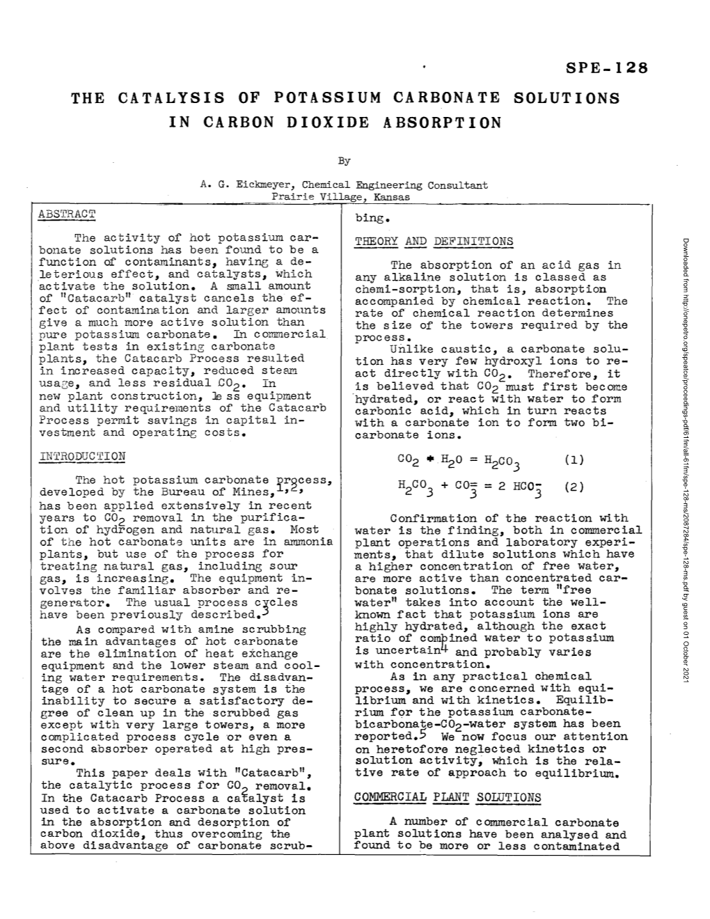 Spe-128 the Catalysis of Potassium Carbonate Solutions in Carbon Dioxide Absorption