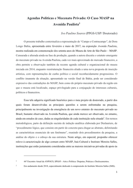 Agendas Políticas E Mecenato Privado: O Caso MASP Na Avenida Paulista1