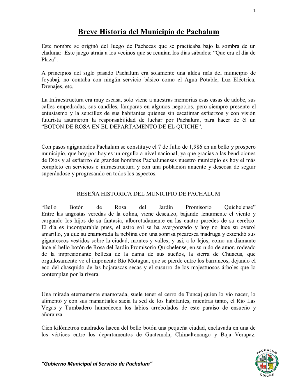 Breve Historia Del Municipio De Pachalum