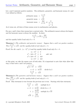 Lecture Notes Arithmetic, Geometric, and Harmonic Means Page 1