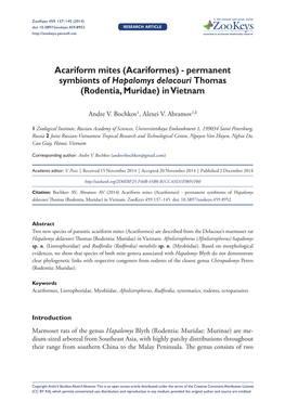 Acariform Mites (Acariformes) - Permanent Symbionts of Hapalomys Delacouri Thomas (Rodentia, Muridae) in Vietnam