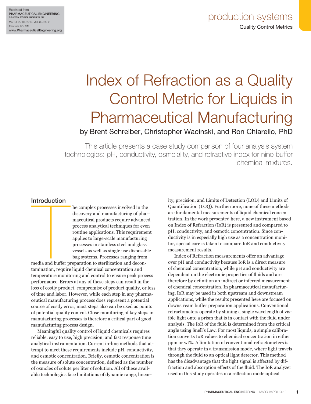 Index of Refraction As a Quality Control Metric for Liquids In