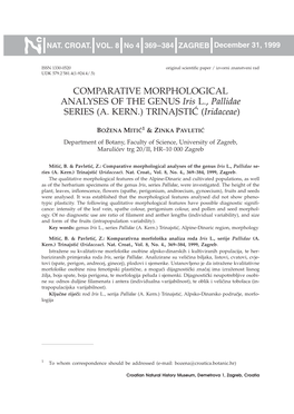 COMPARATIVE MORPHOLOGICAL ANALYSES of the GENUS Iris L., Pallidae SERIES (A