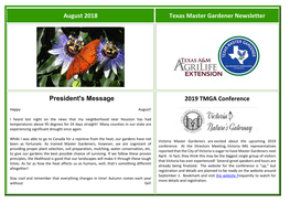 August 2018 Texas Master Gardener Newsletter President's Message