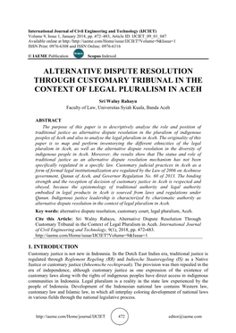 Alternative Dispute Resolution Through Customary Tribunal in the Context of Legal Pluralism in Aceh