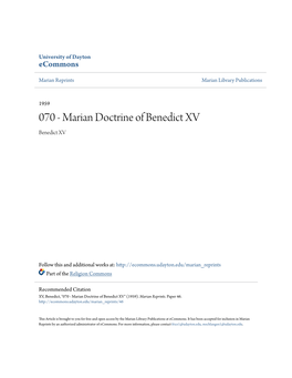 Marian Doctrine of Benedict XV Benedict XV