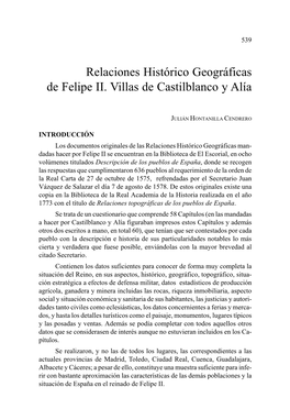 Relaciones Histórico Geográficas De Felipe II. Villas De Castilblanco Y Alía
