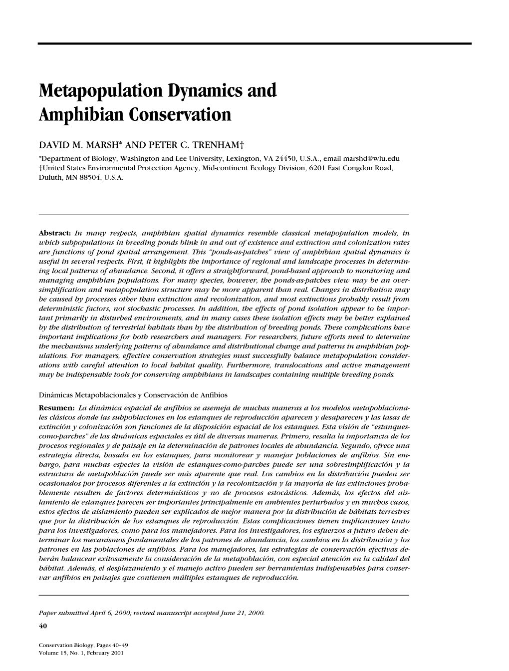 Metapopulation Dynamics and Amphibian Conservation