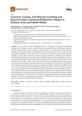 Uranium, Cesium, and Mercury Leaching and Recovery from Cemented Radioactive Wastes in Sulfuric Acid and Iodide Media