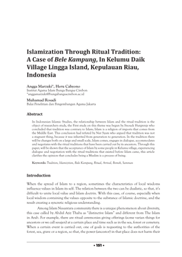 Islamization Through Ritual Tradition: a Case of Bele Kampung, in Kelumu Daik Village Lingga Island, Kepulauan Riau, Indonesia