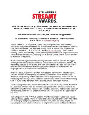 Dick Clark Productions and Tubefilter Announce Nominees and Show Date for the 4Th Annual Streamy Awards Presented by Coca-Cola