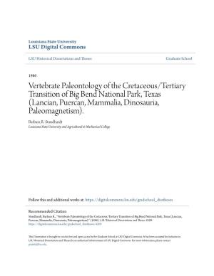 Vertebrate Paleontology of the Cretaceous/Tertiary Transition of Big Bend National Park, Texas (Lancian, Puercan, Mammalia, Dinosauria, Paleomagnetism)