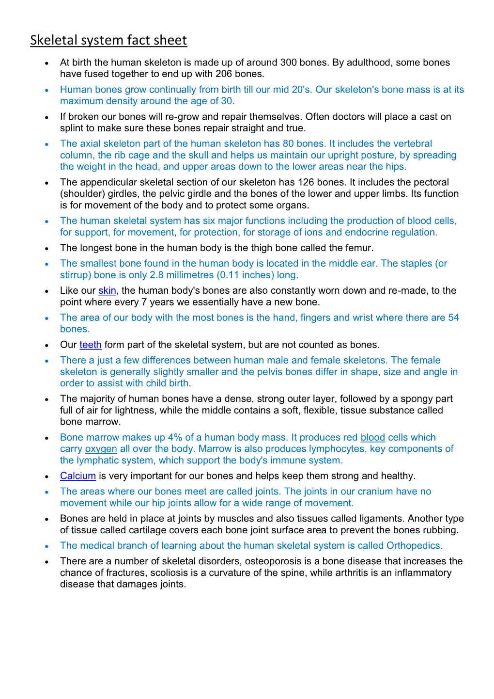 Skeletal System Fact Sheet