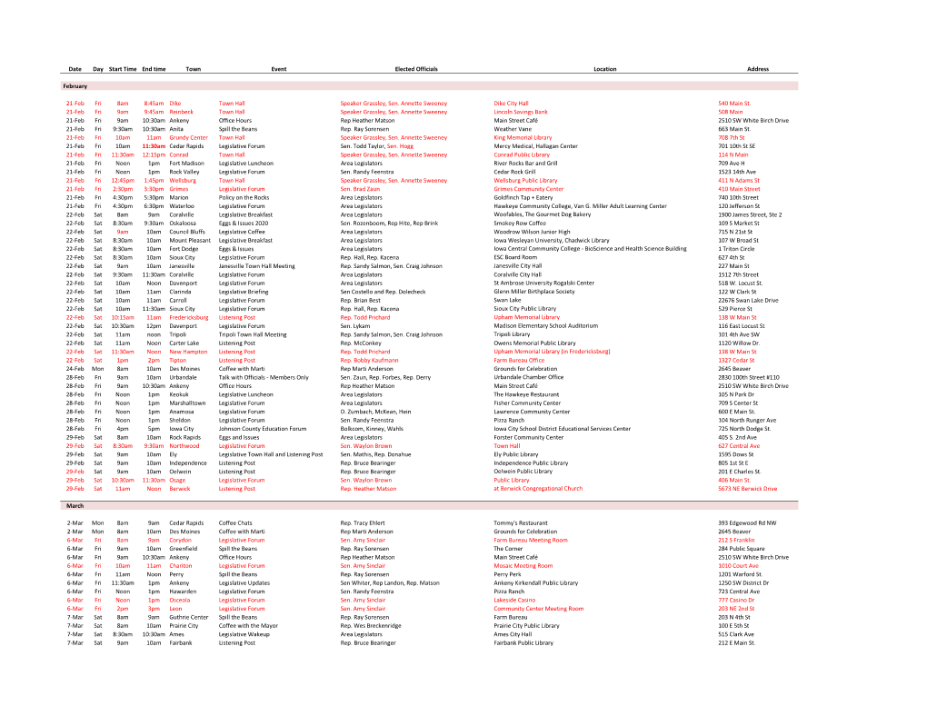 Date Day Start Time End Time Town Event Elected Officials Location Address