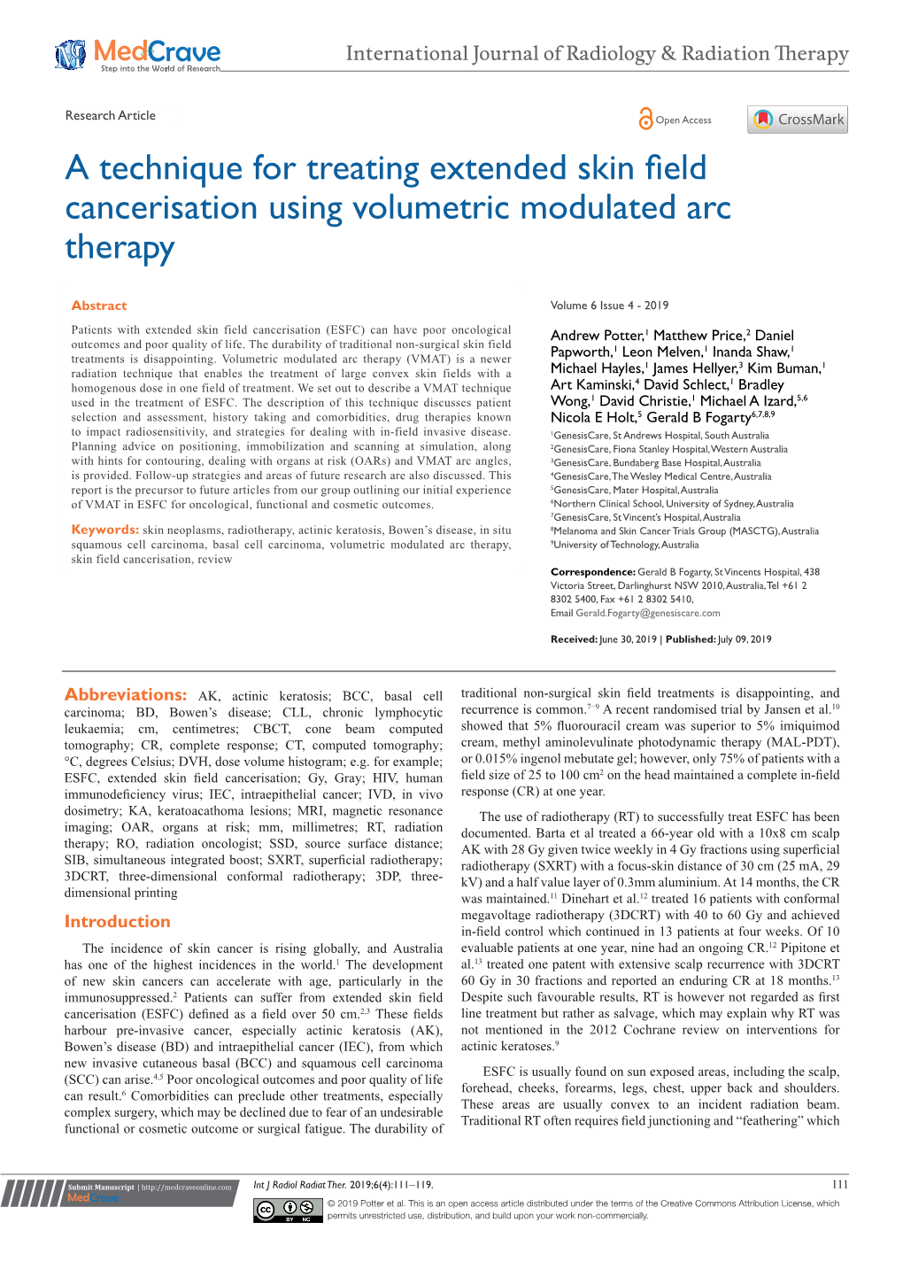 Potter A, Price M, Papworth D, Et Al. a Technique for Treating Extended Skin Field Cancerisation Using Volumetric Modulated Arc Therapy