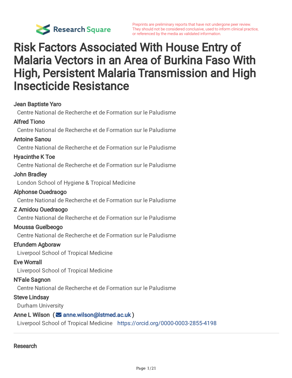 Risk Factors Associated with House Entry of Malaria Vectors in an Area of Burkina Faso with High, Persistent Malaria Transmission and High Insecticide Resistance