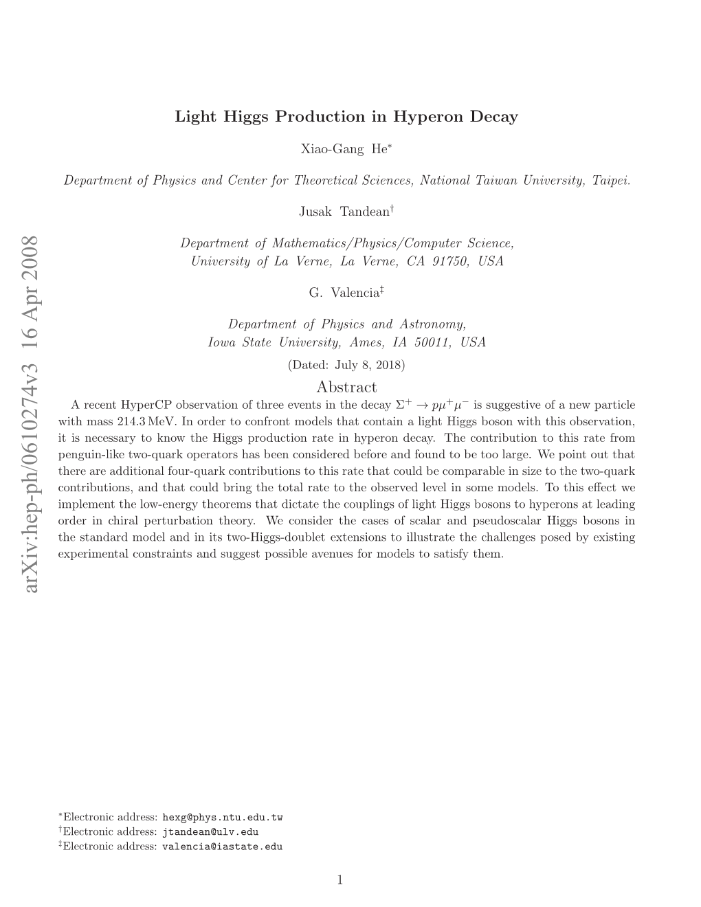 Light Higgs Production in Hyperon Decay