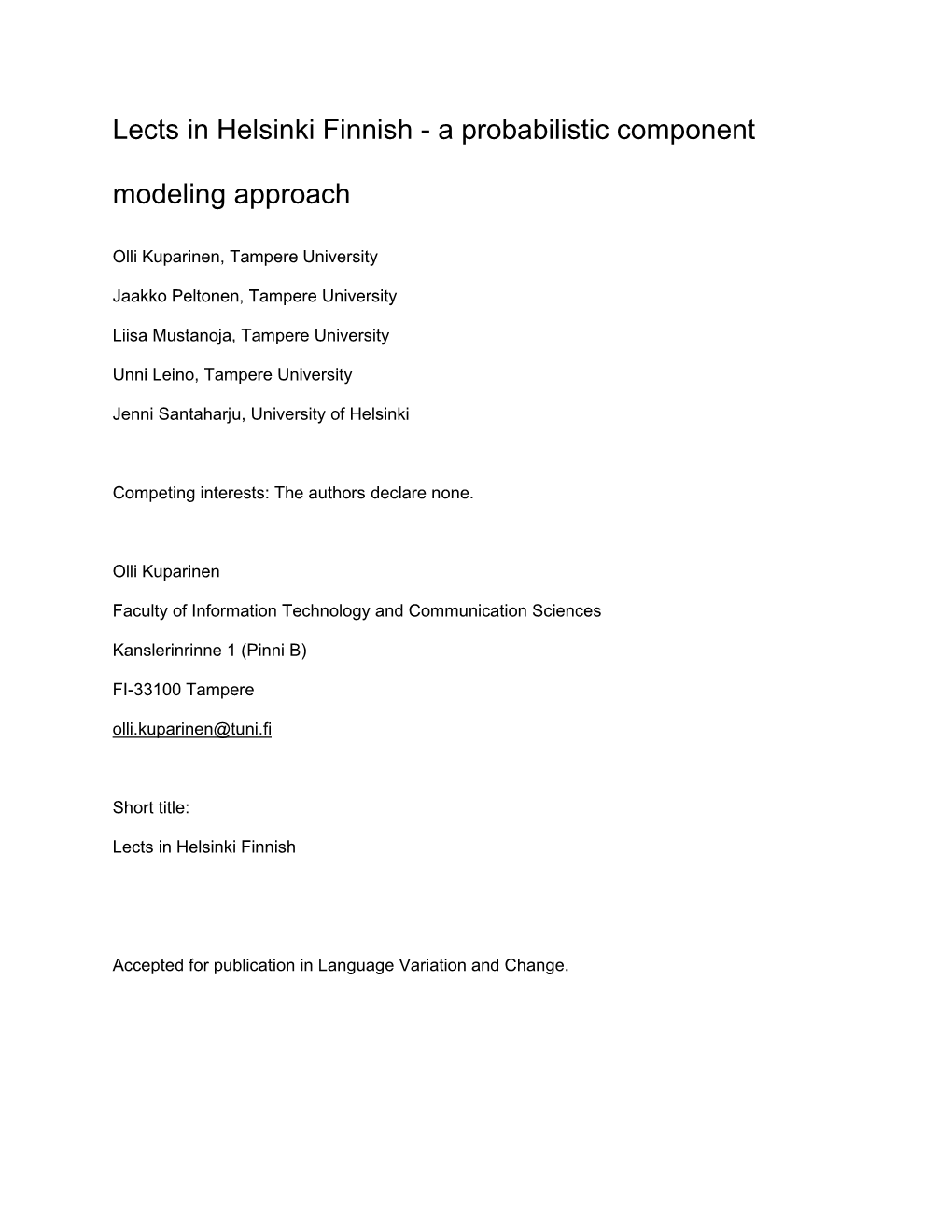 Lects in Helsinki Finnish - a Probabilistic Component Modeling Approach