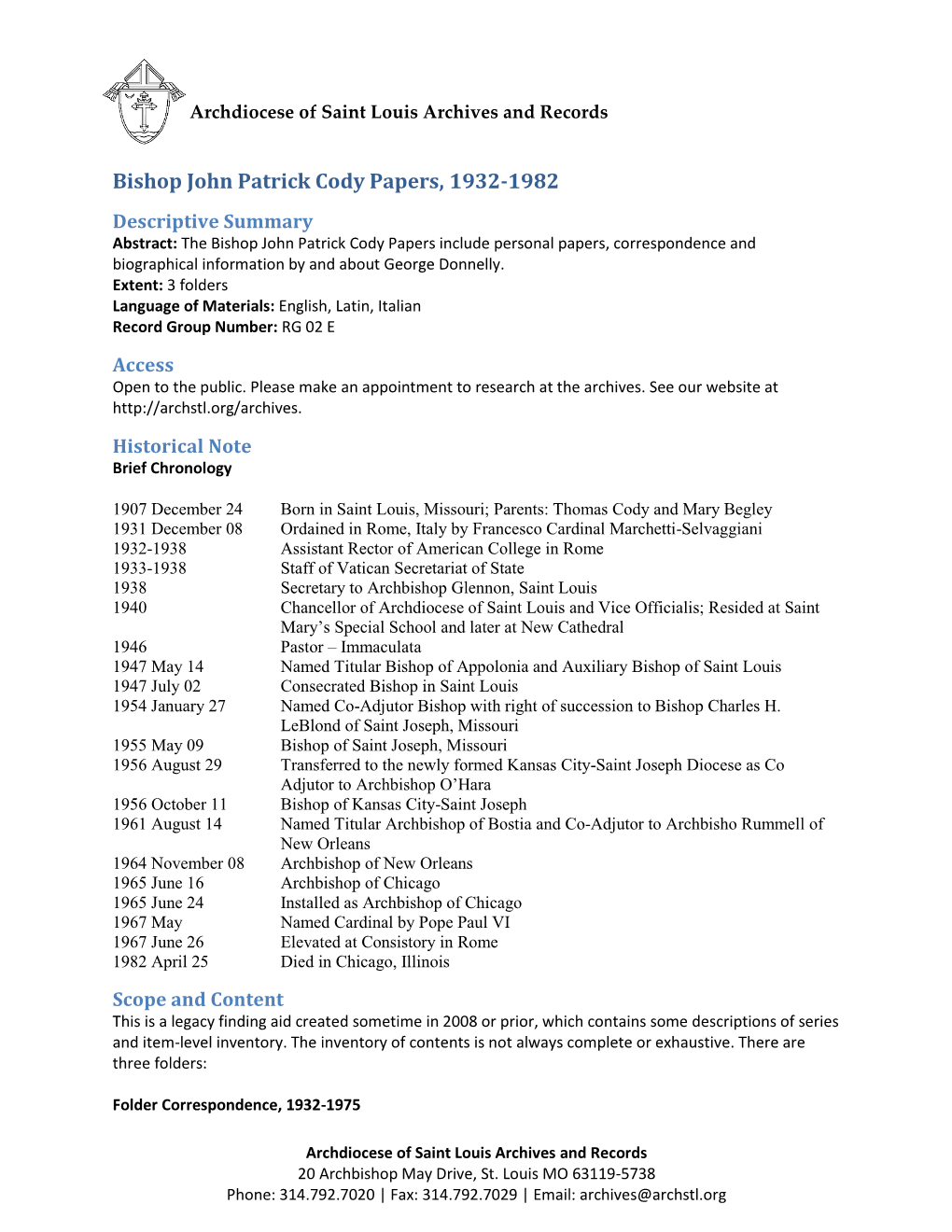 Bishop John Patrick Cody Papers, 1932-1982