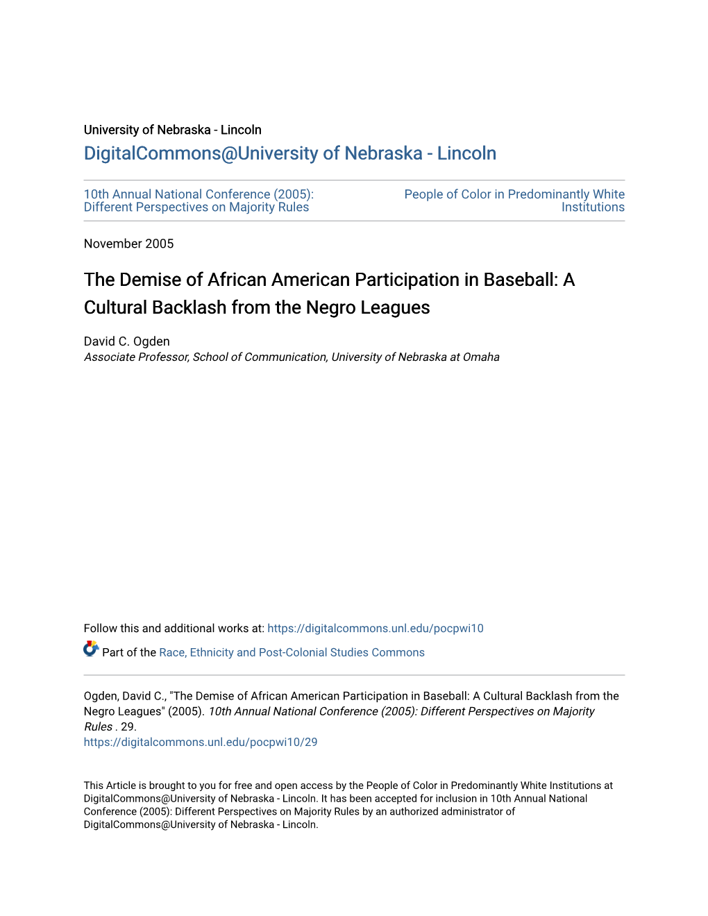 The Demise of African American Participation in Baseball: a Cultural Backlash from the Negro Leagues