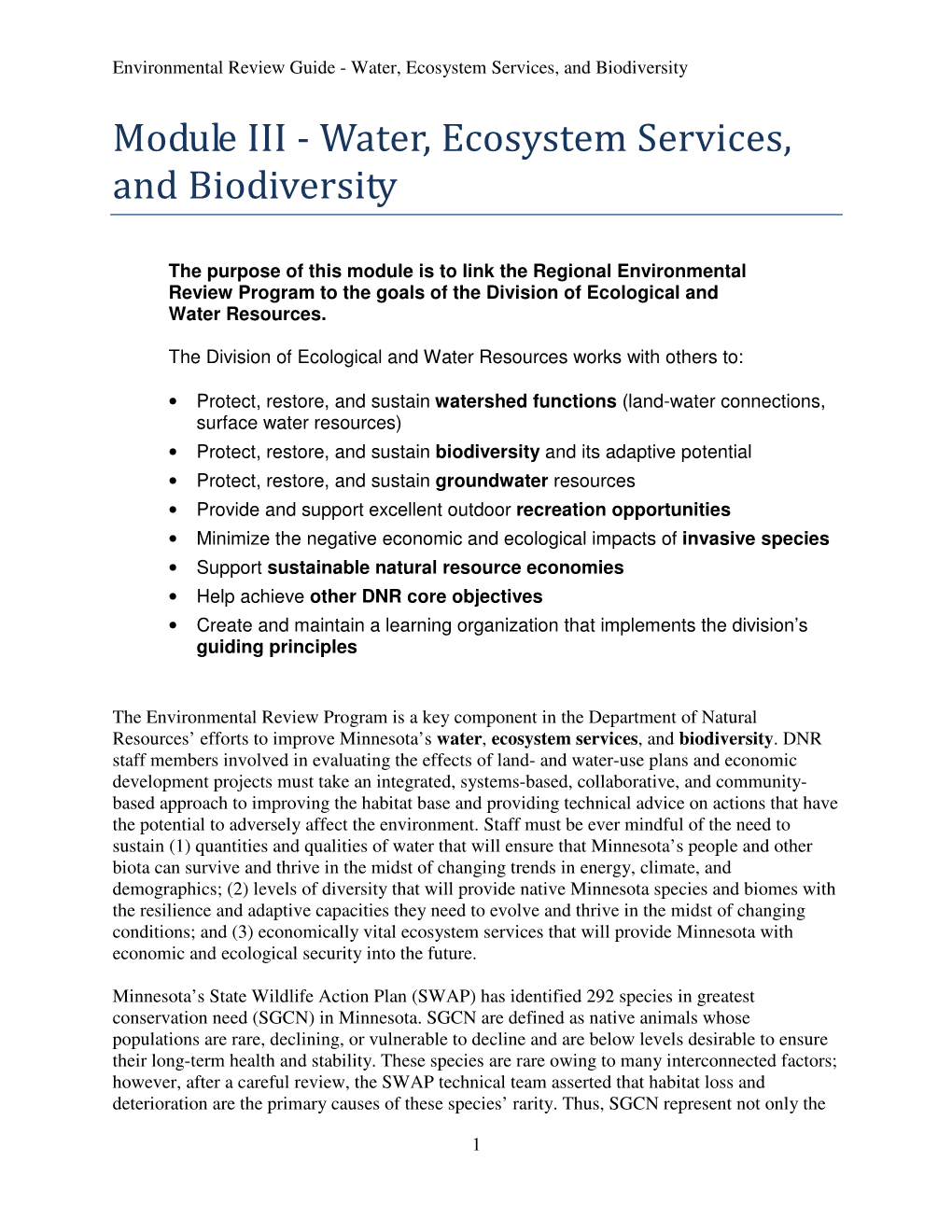 Module III - Water, Ecosystem Services, and Biodiversity