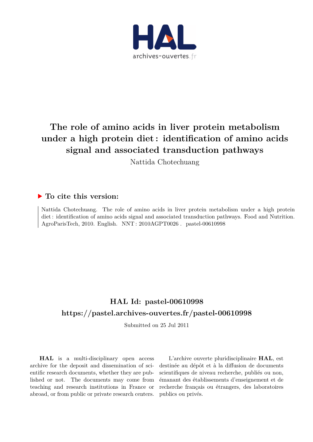 The Role of Amino Acids in Liver Protein Metabolism Under a High Protein Diet