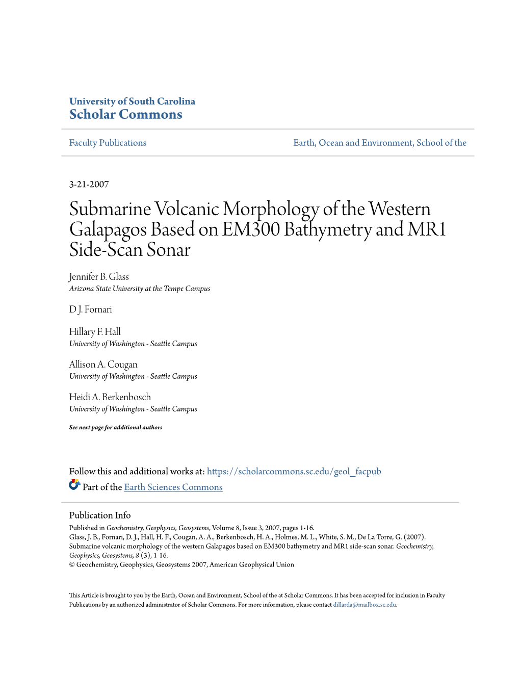 Submarine Volcanic Morphology of the Western Galapagos Based on EM300 Bathymetry and MR1 Side-Scan Sonar Jennifer B