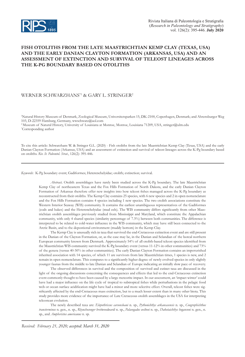 Fish Otoliths from the Late Maastrichtian Kemp Clay (Texas, Usa)