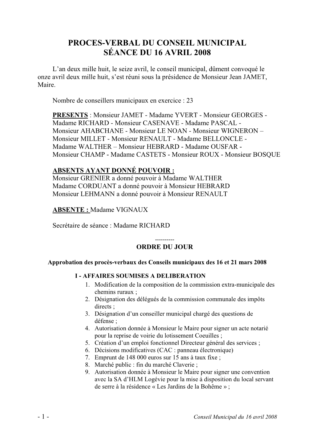 Proces-Verbal Du Conseil Municipal Séance Du 16 Avril 2008