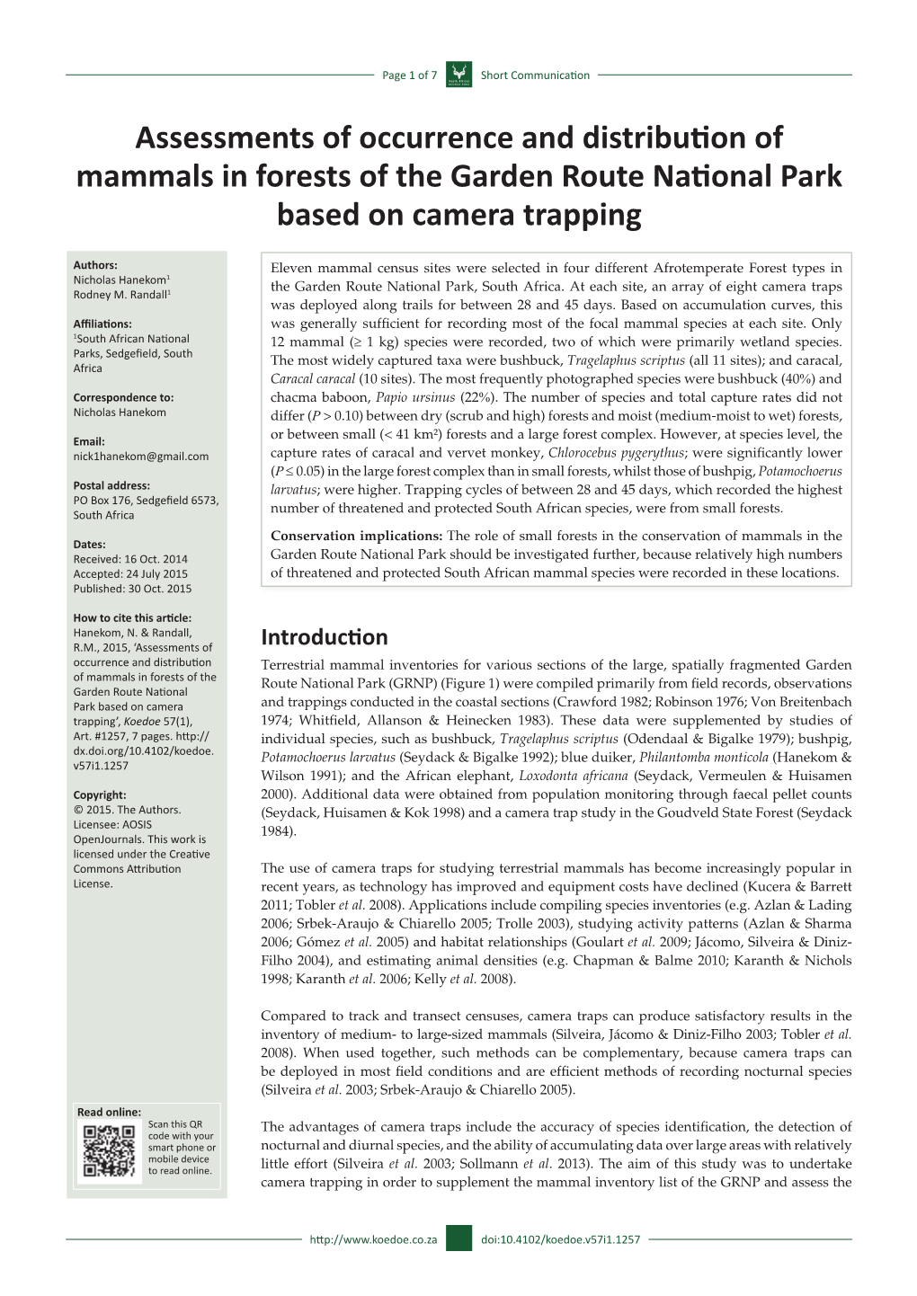 Assessments of Occurrence and Distribution of Mammals in Forests of the Garden Route National Park Based on Camera Trapping