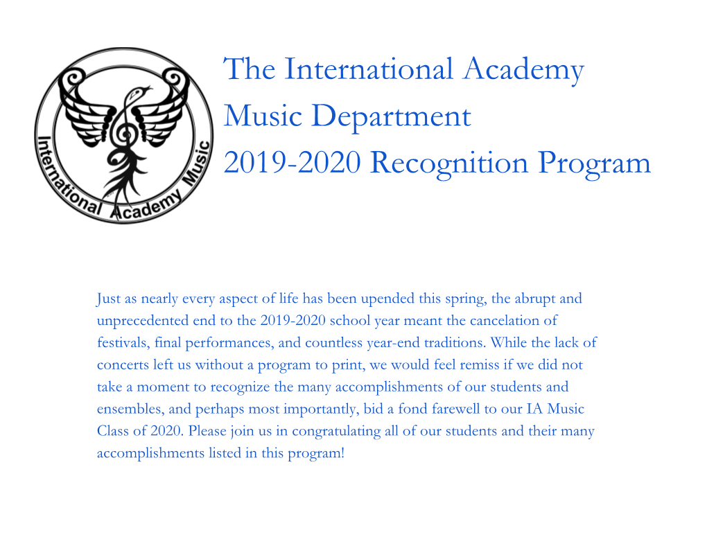 The International Academy Music Department 2019-2020 Recognition Program