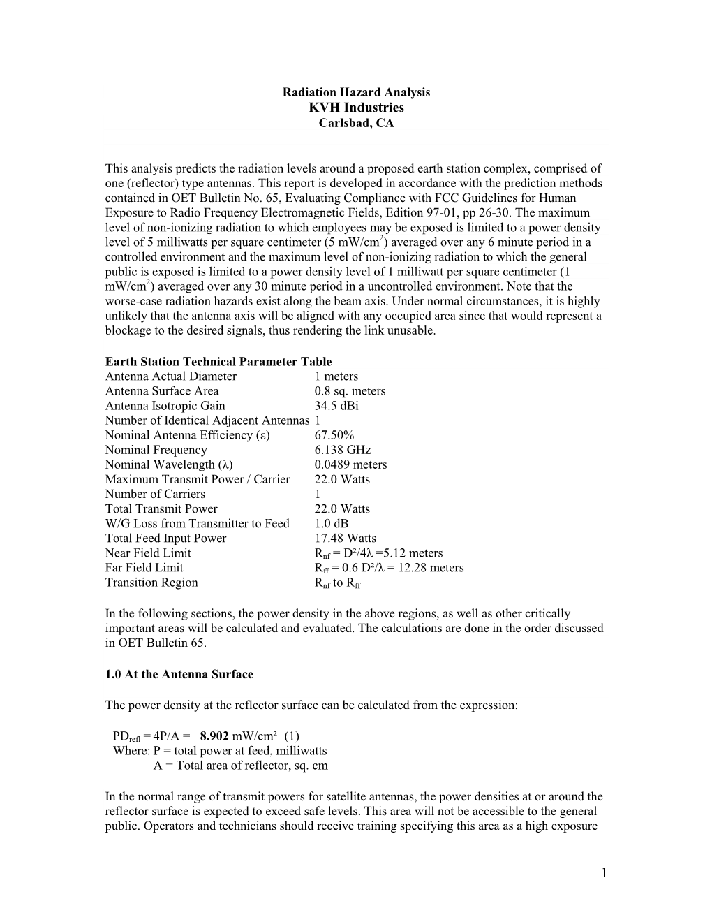 Radiation Hazard Analysis KVH Industries Carlsbad, CA