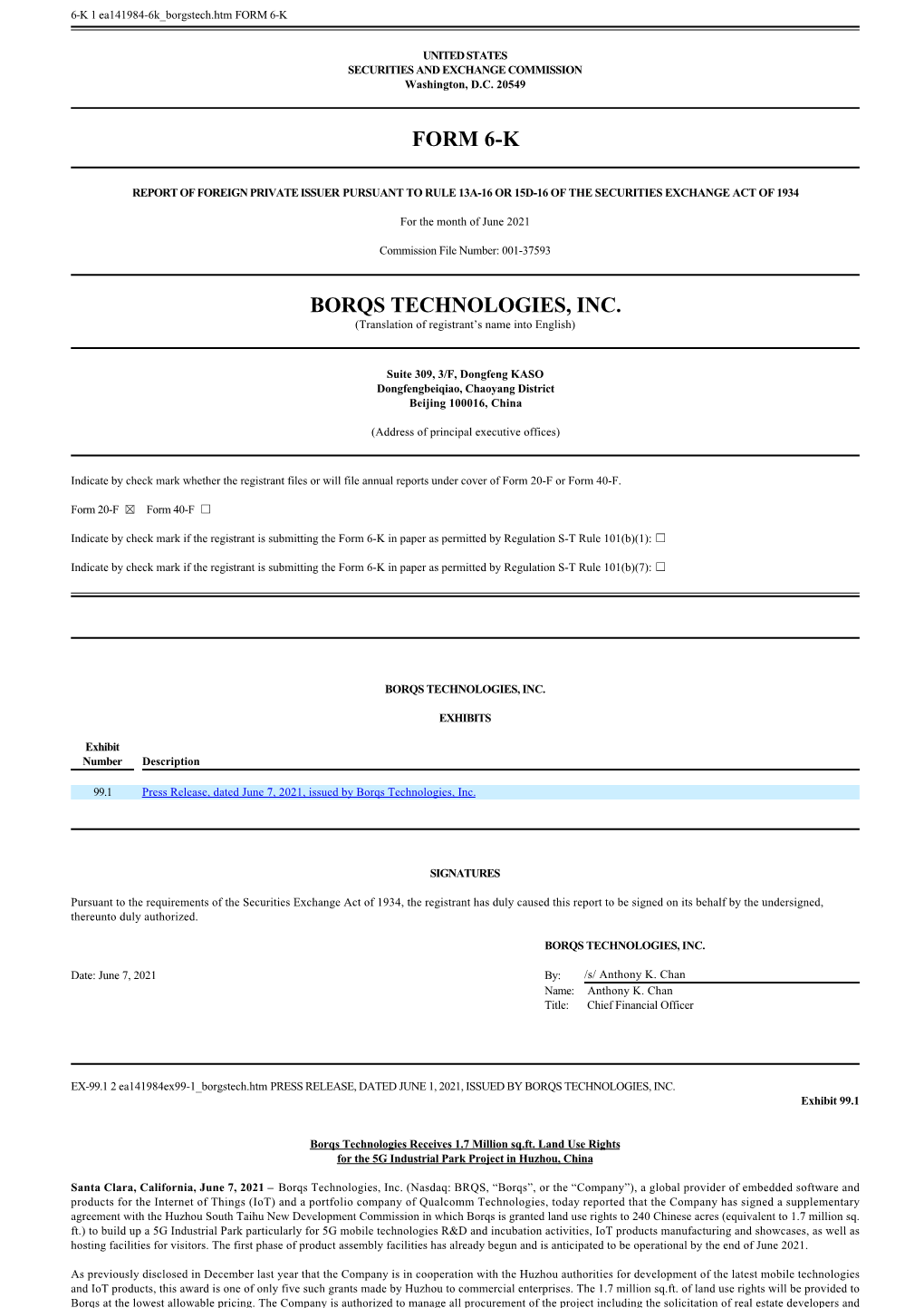 Form 6K Borqs Technologies, Inc