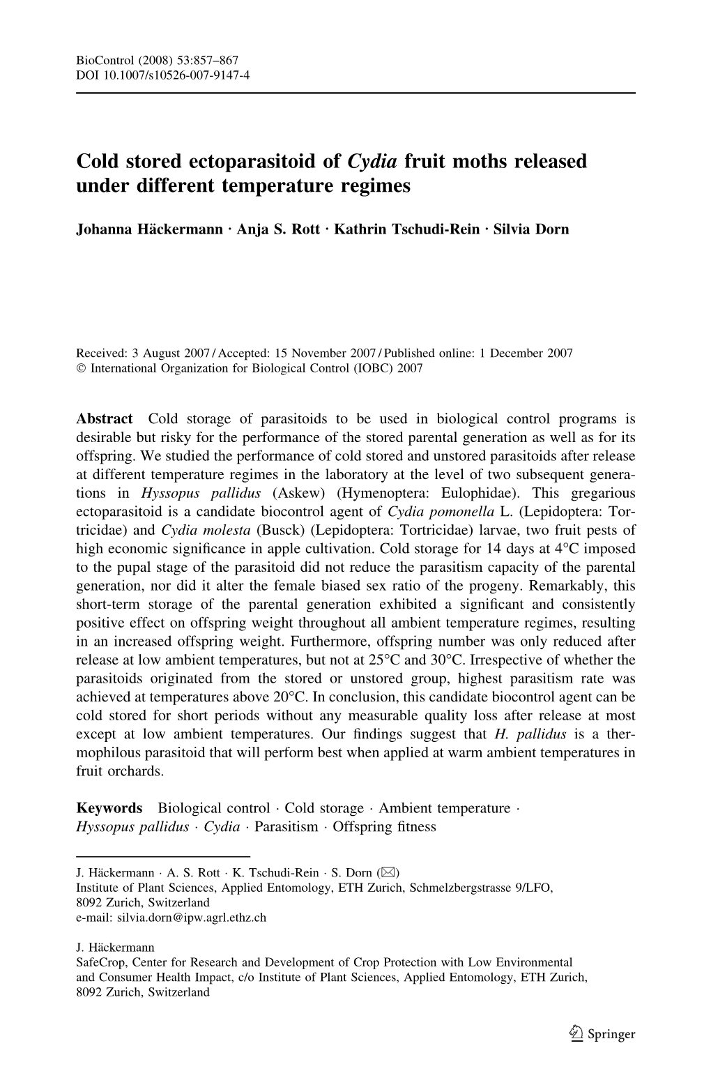 Cold Stored Ectoparasitoid of Cydia Fruit Moths Released Under Different Temperature Regimes