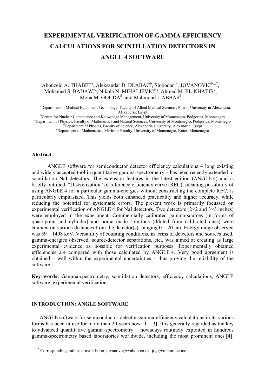 Experimental Verification of Gamma-Efficiency Calculations for Scintillation Detectors in Angle 4 Software