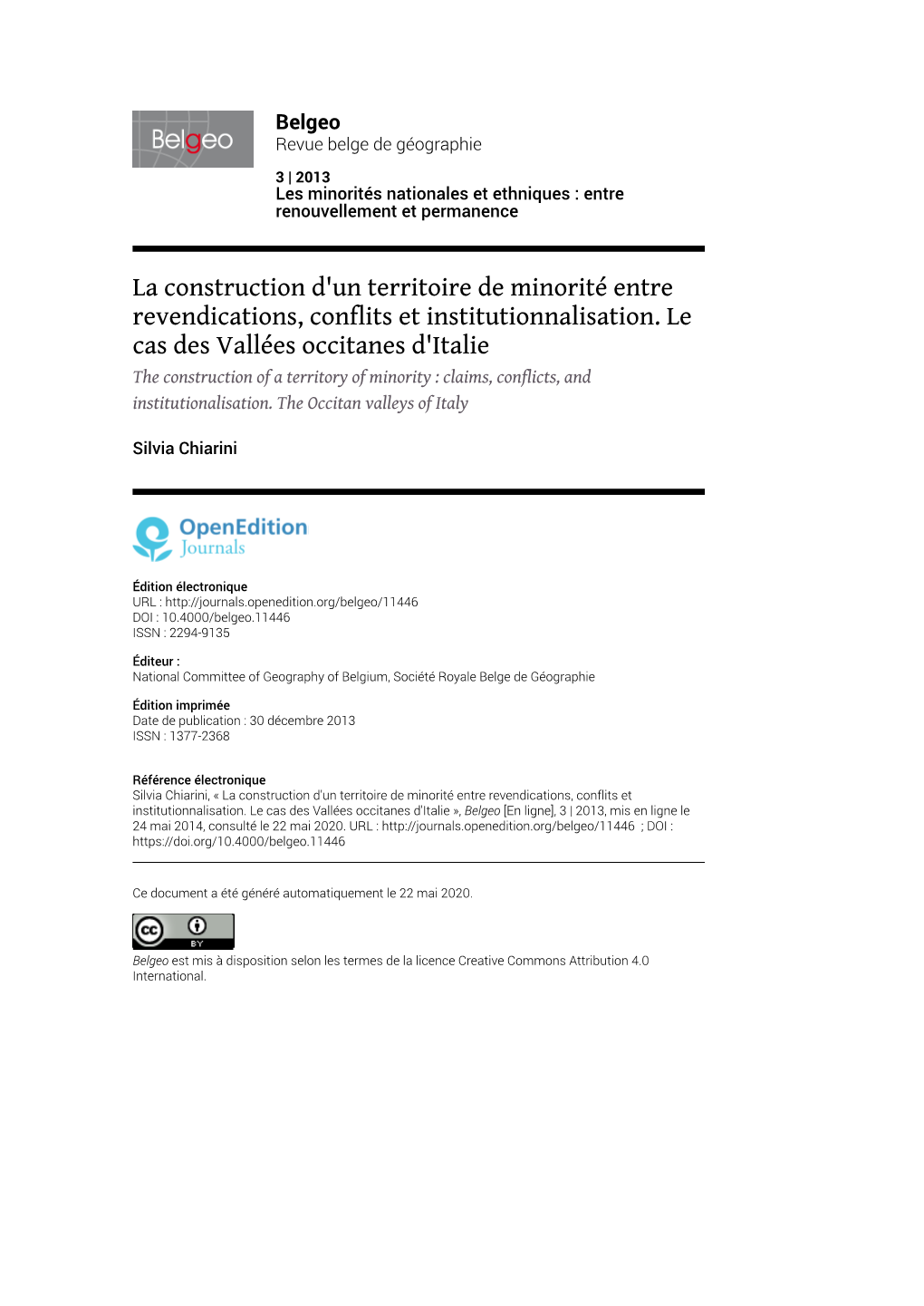 La Construction D'un Territoire De Minorité Entre Revendications, Conflits Et Institutionnalisation