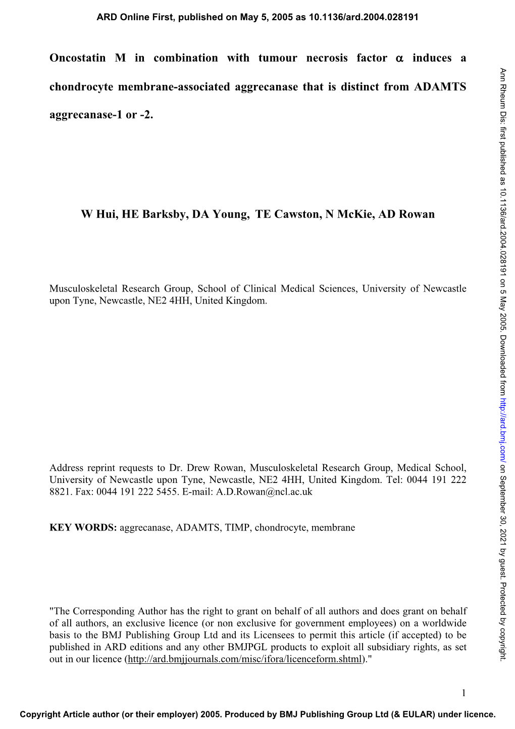 Oncostatin M in Combination with Tumour Necrosis Factor Α Induces a Ann Rheum Dis: First Published As 10.1136/Ard.2004.028191 on 5 May 2005