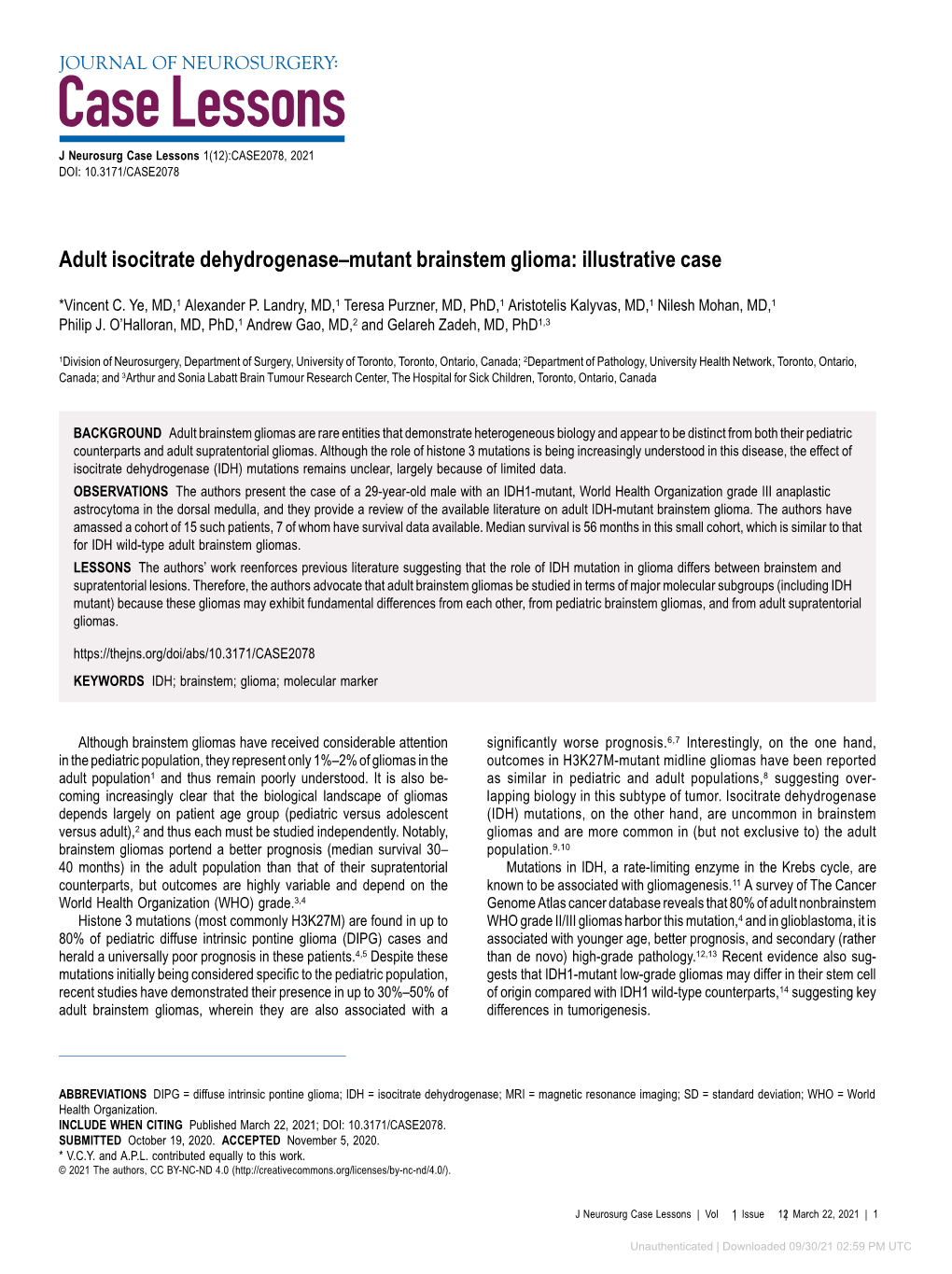 Adult Isocitrate Dehydrogenase–Mutant Brainstem Glioma: Illustrative Case