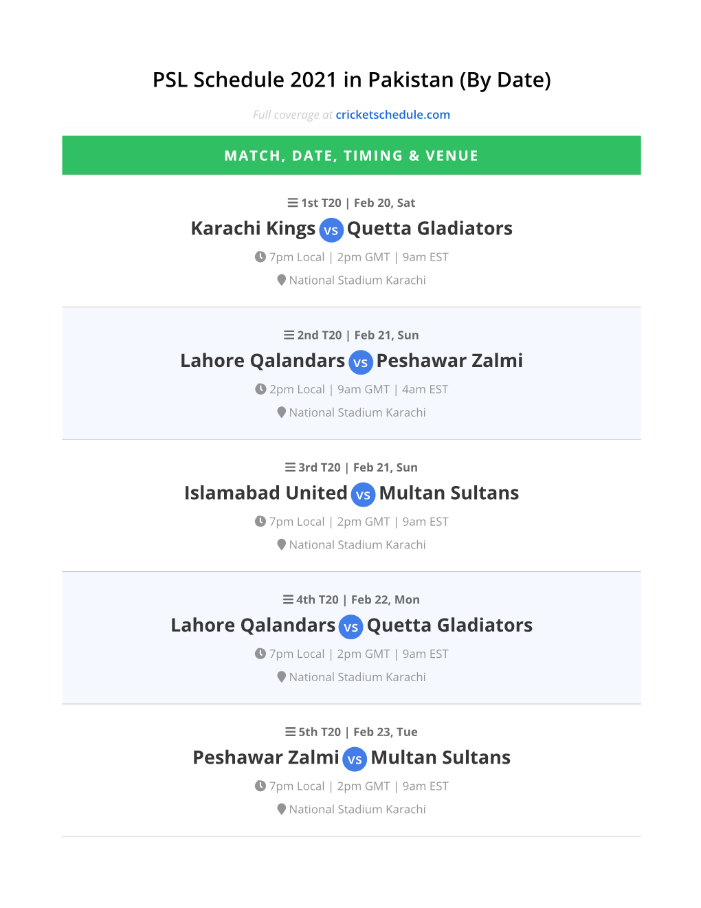 PSL Schedule 2021 in Pakistan (By Date)
