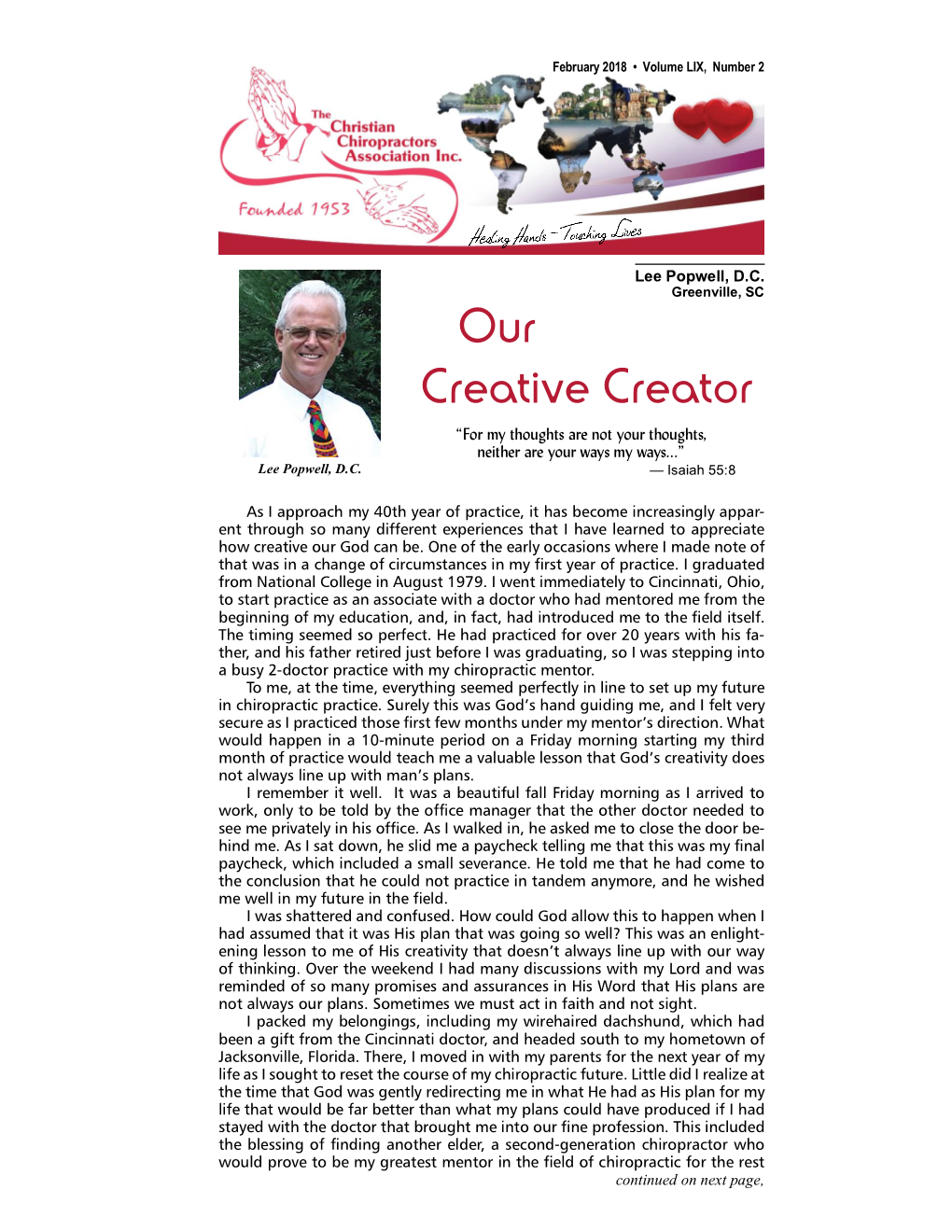 Our Creative Creator “For My Thoughts Are Not Your Thoughts, Neither Are Your Ways My Ways...” Lee Popwell, D.C