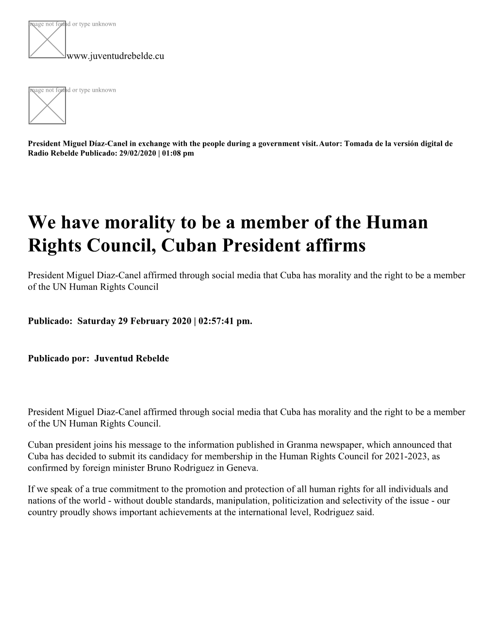 We Have Morality to Be a Member of the Human Rights Council, Cuban President Affirms