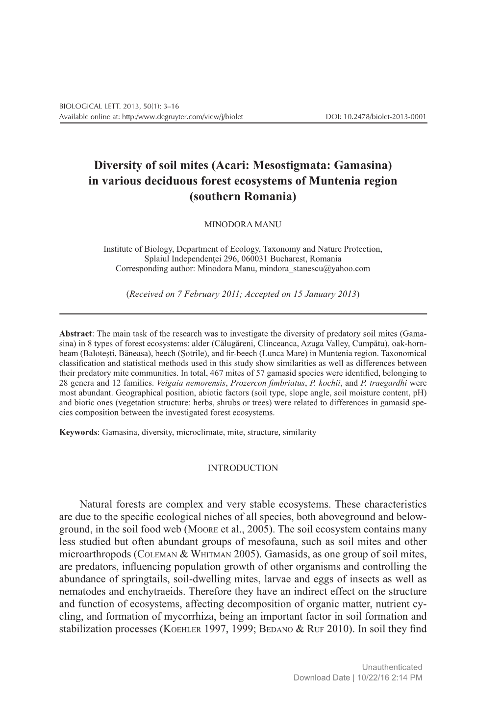 Diversity of Soil Mites (Acari: Mesostigmata: Gamasina) in Various Deciduous Forest Ecosystems of Muntenia Region (Southern Romania)
