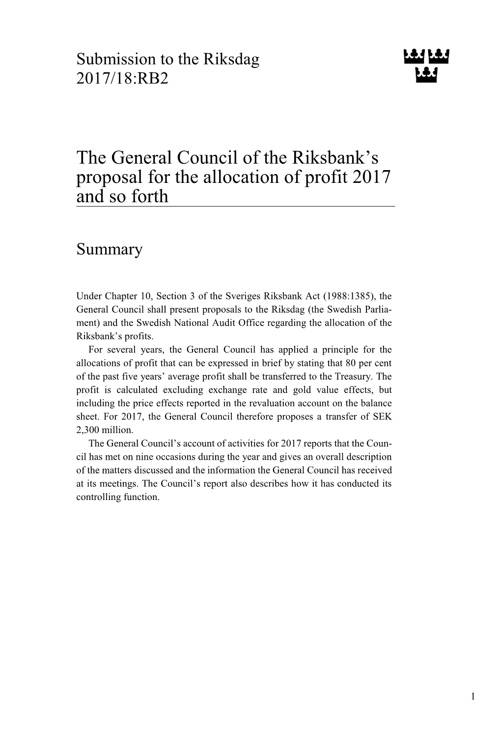 The General Council of the Riksbank's Proposal for the Allocation of Profit